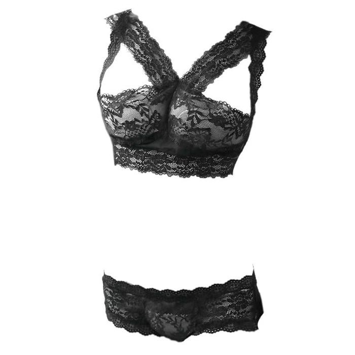 NEW B318 Set Pakaian Dalam Wanita BH Bra Bralette CD Lubang Belakang Hitam Lace Transparan Motif