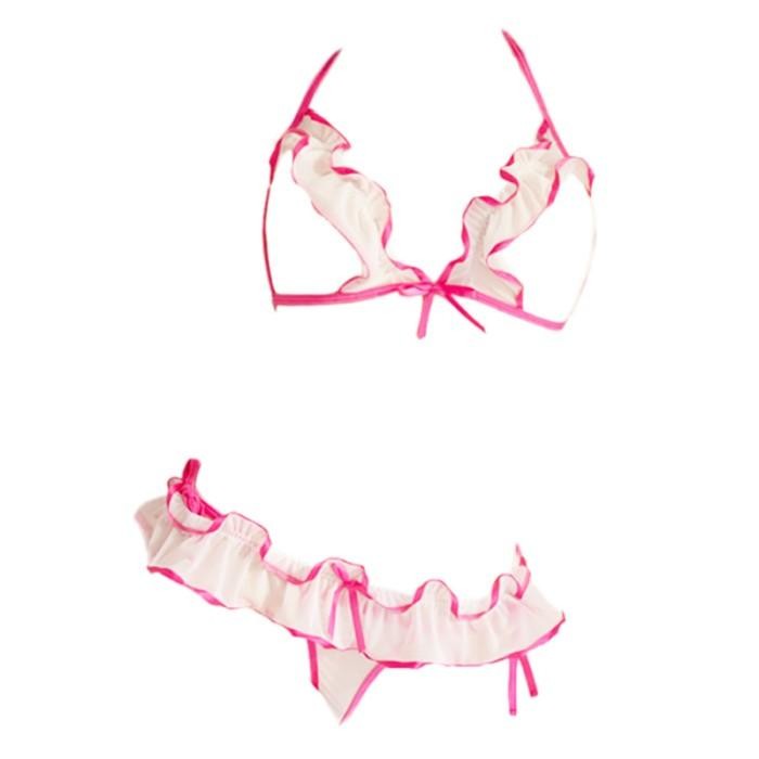 NEW B355 Set Pakaian Dalam Wanita BH Bra Bralette Halter CD Bolong Bawah Putih Tali Pink Magenta