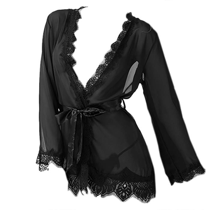 NEW L0557 Lingerie Kimono Sexy Baju Tidur Dinas Malam Wanita Seksi Lengan Panjang Hitam Polos