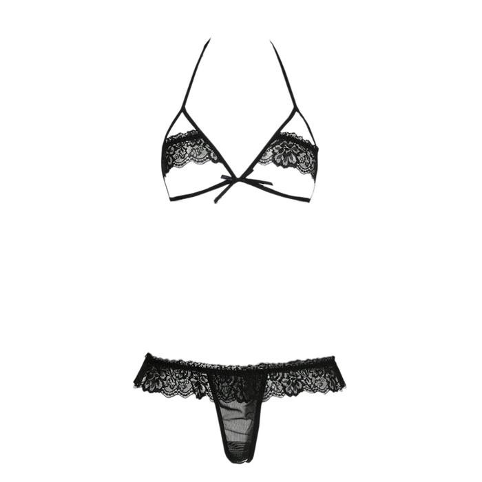 NEW B358 Set Pakaian Dalam Wanita BH Bra Bralette Halter CD Hitam Polos Transparan