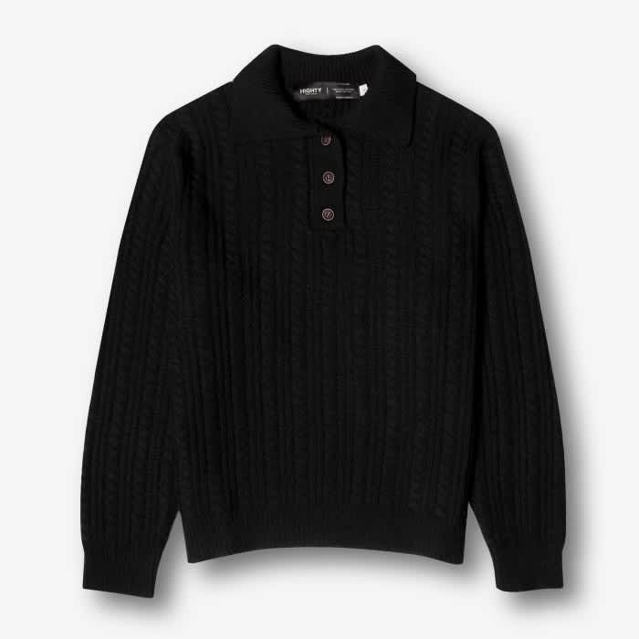 HIGHTY Keith Black Cable Knit Polo Sweater Sweater Kerah *