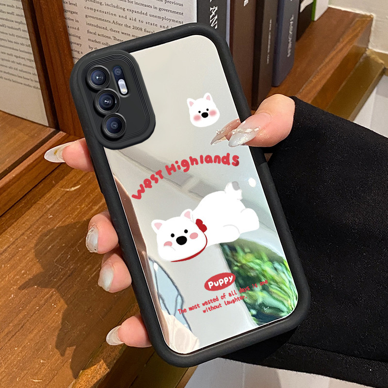 Casing Hp Untuk OPPO Reno 6 Case Anjing putih lucu Kasing Cermin Cesing kreatif Silikon Softcase Kes