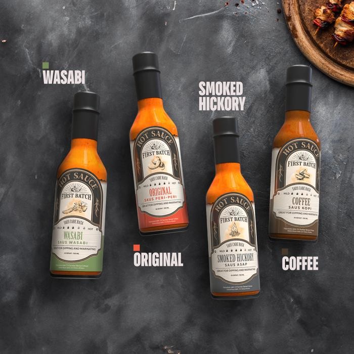 

First Batch Hot Sauce - Saus Pedas Halal Vegan Isi 4 Variant Rasa Original Asap Wasabi Kopi 50 mL