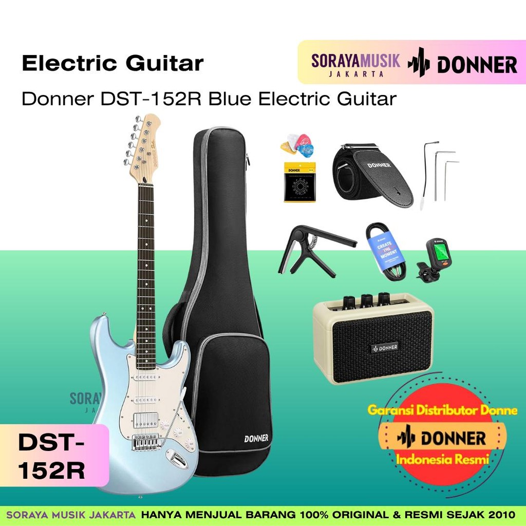 Donner DST-152R Blue Electric Guitar Full Set – Includes Amplifier, Tuner, Bag, Cable, Strap, Capo, 