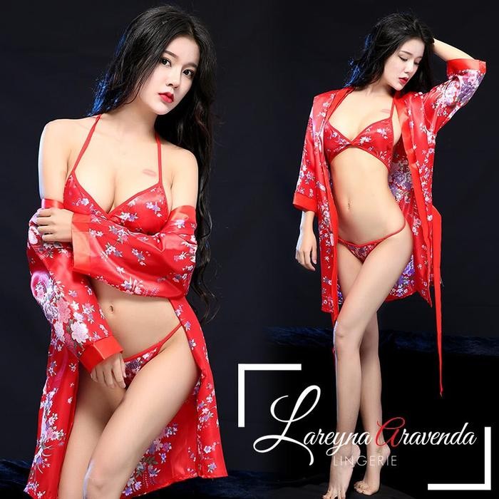 Set Lingerie Sexy + G String + Bra Bahan Satin Jepang Model Kimono Sak
