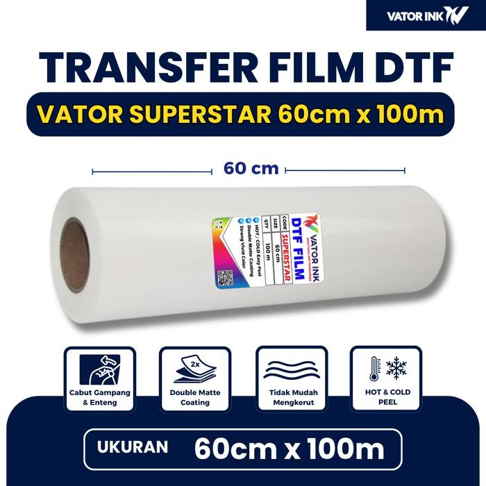 

PET FILM DTF VATOR SUPERSTAR 60cm x 100m Coating Tebal Double Matte Hot Cold Peel Warna Sablon Pekat