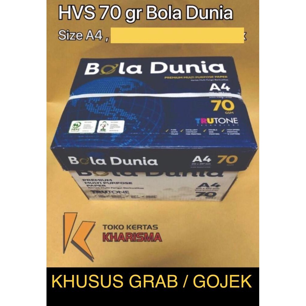 

Hvs A4 70gr merk Bola Dunia ( box ) KHUSUS GRAB / GOJEK