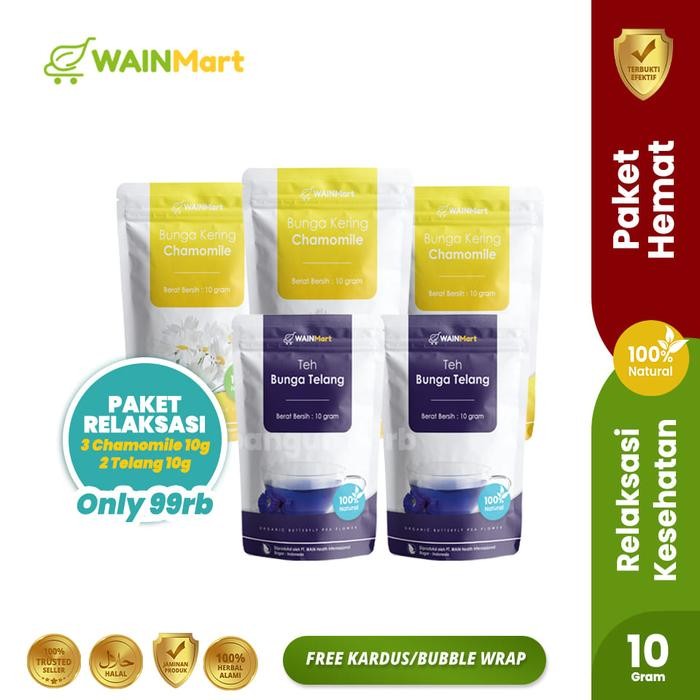 

PAKET RELAKSASI!! (3 CHAMOMILE 10 GR + 2 TELANG 10 GR) + FREE Bottle