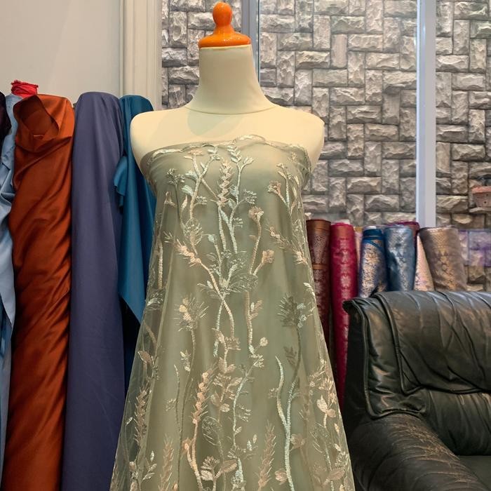 Bahan Kain Kebaya Brokat Tile Embroidery 2tone Daisy voL.3 Warna Sage Green Harga Setengah meter
