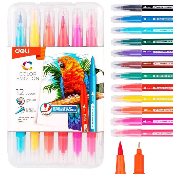

Deli Felt Pen / Spidol 2 Ujung 12 Warna Kemasan Kotak EC151