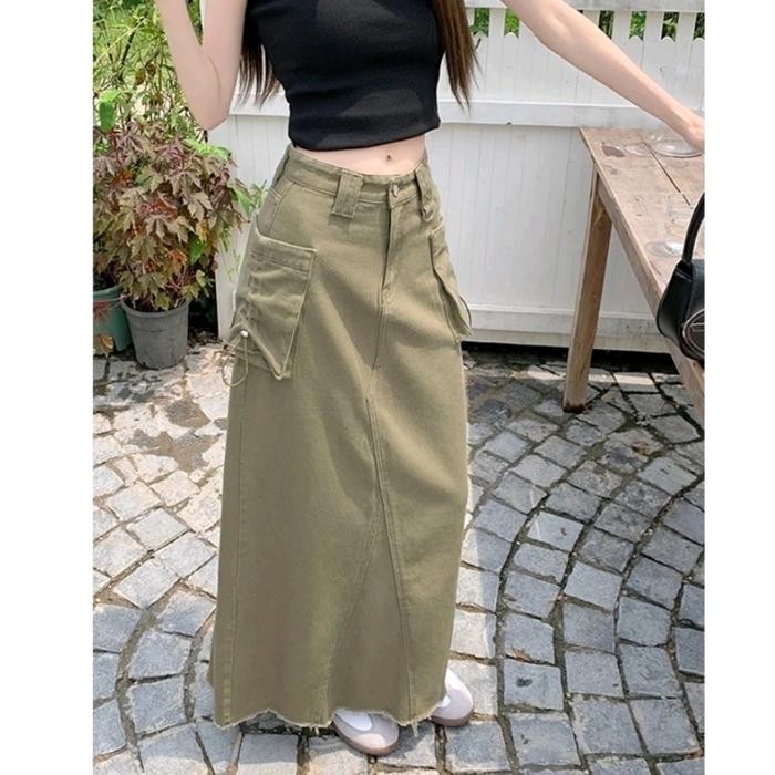 TERLARIS Maxi Skirt Rok Cargo Pocket Classy Vintage Olive Army Green Korean Style READY STOCK
