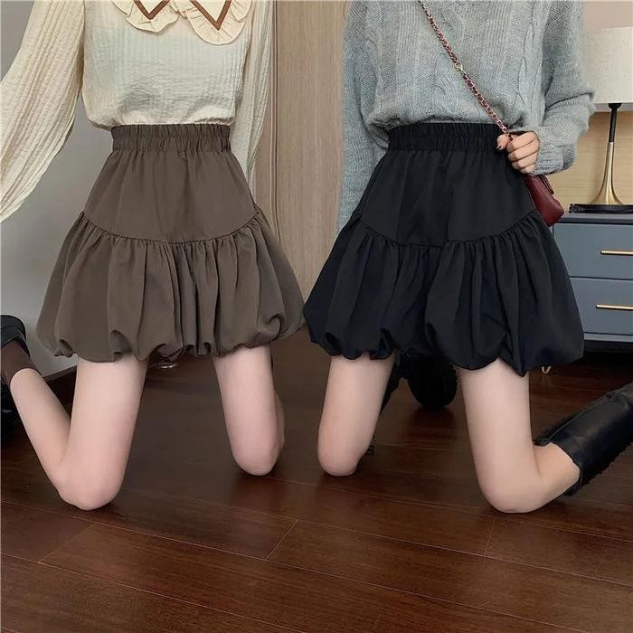 ORIGINAL bawahan rok mini skirt wanita rempel ruffle susun Balon Puff katun polos terbaru selutut