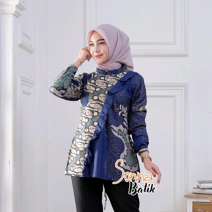 Batik Wanita Resleting Belakang Rempel Lengan Panjang Berkancing Baju Batik Wanita Modern