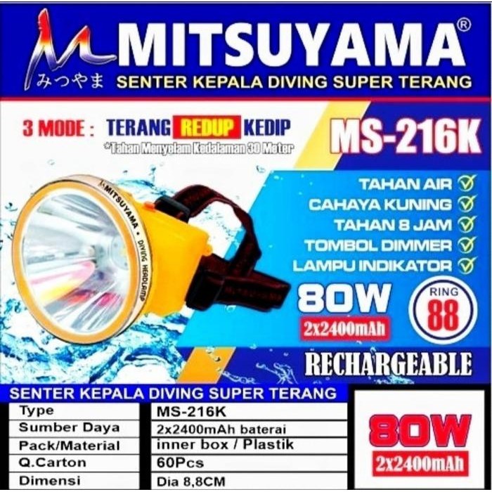 YK1A Senter Kepala Selam Diving Cahaya Putih 80W Dimmer Mitsuyama Ms-216