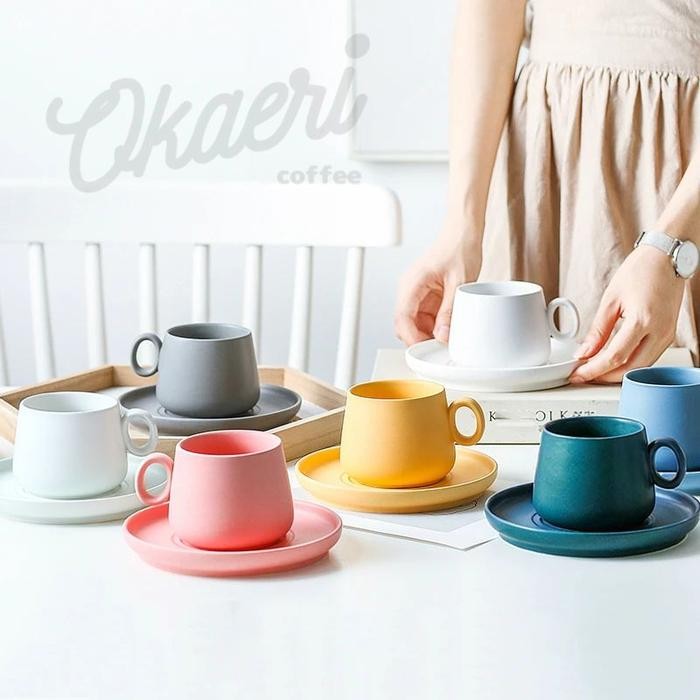 BSKU Ceramic Mug 300Ml + Saucer / Cangkir Keramik Kopi Teh + Alas Piring