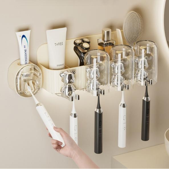 Tiang Gantung Gelas Sikat Gigi Beruang Tanpa Bor Alat Pemeras Pasta Gigi Otomatis