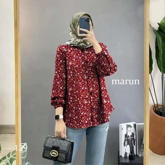 Flash Sale Blouse Atasan Wanita Blus Motif Bunga Lengan Panjang Blouse Atasan Kemeja
