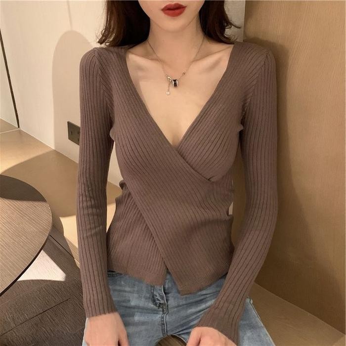 Atasan Rajut Lengan Panjang Wanita Kaos Vneck Knit Rajut Style Korea