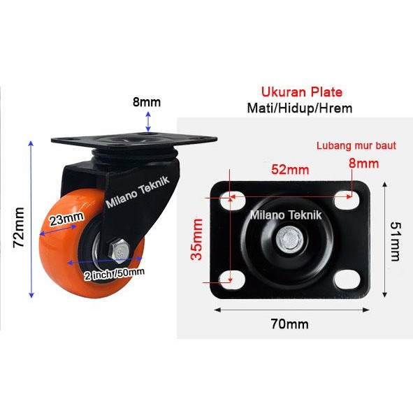 

Roda 2 inchi PU (Mati/Hidup/Rem/Screw/WO)heavy duty + double bearing kastor caster troli