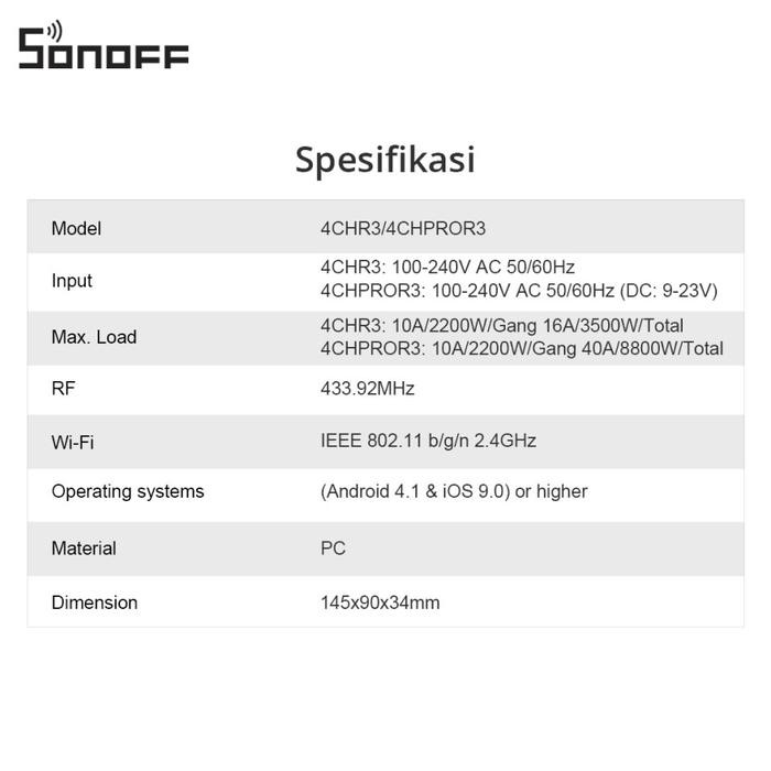 SONOFF SMART SWITCH 4CHR3 SMART BREAKER WIRELESS 4 GANG BREAKER PINTAR BREAKER CERDAS SWITCH SMART