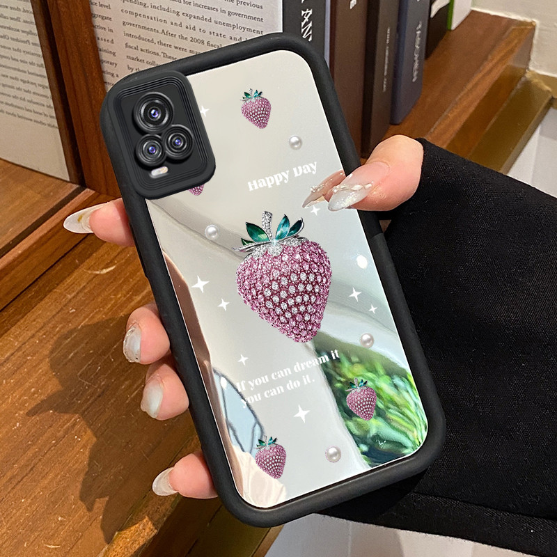 Casing Hp VIVO V20 VIVO V20 Pro Case Casing Strawberry Glitter Pattern Silikon Softcase HP Mirror Po