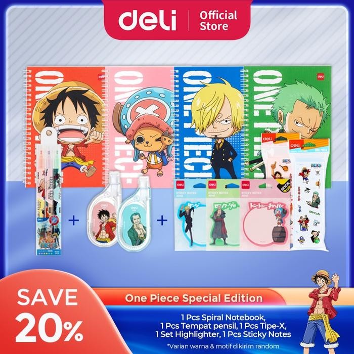 

tersedia bundle one piece 5in1 spiral notebook tempat pensil tipe-x highlighter sticky notes