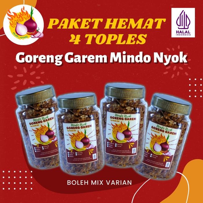 

Barang Terlaris Paket hemat 4 toples Boleh mix varian ( goreng garem ) Bawang murni Pedas Garam