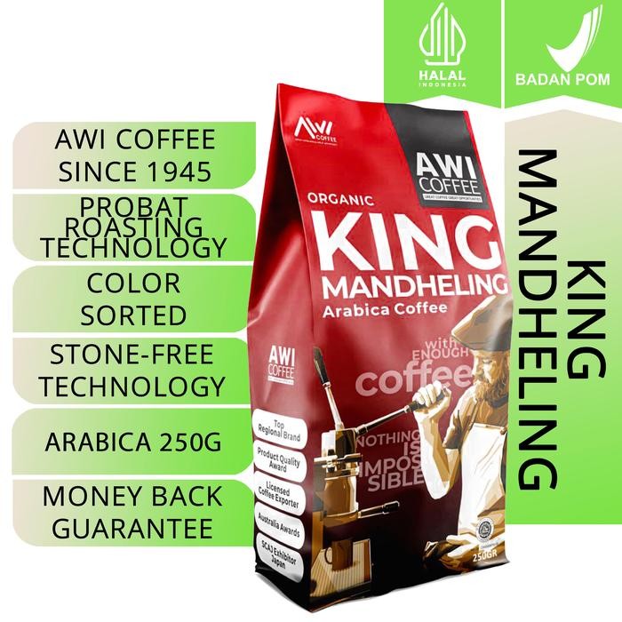 

AWI COFFEE KING MANDHELING 250GR BIJI/BUBUK ROASTED ARABICA COFFEE BEANS