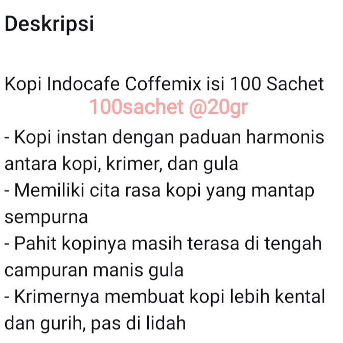 

INDOCAFE COFFEEMIX 3IN1 100SACHET 100 X 20GR