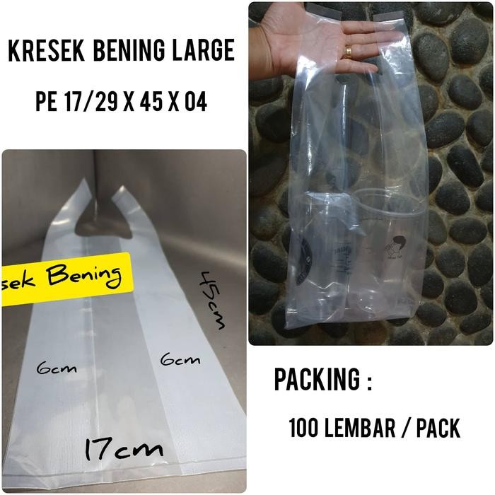 

Kresek Bening PE Tebal bersablon 1wrn/1sisi utk 1000 lbr / 29/17x45x04