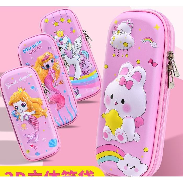 

New HYGGE-Kotak Pensil Timbul 3D Resleting Bahan Kain Peralatan Tulis Stationery Biru Pink