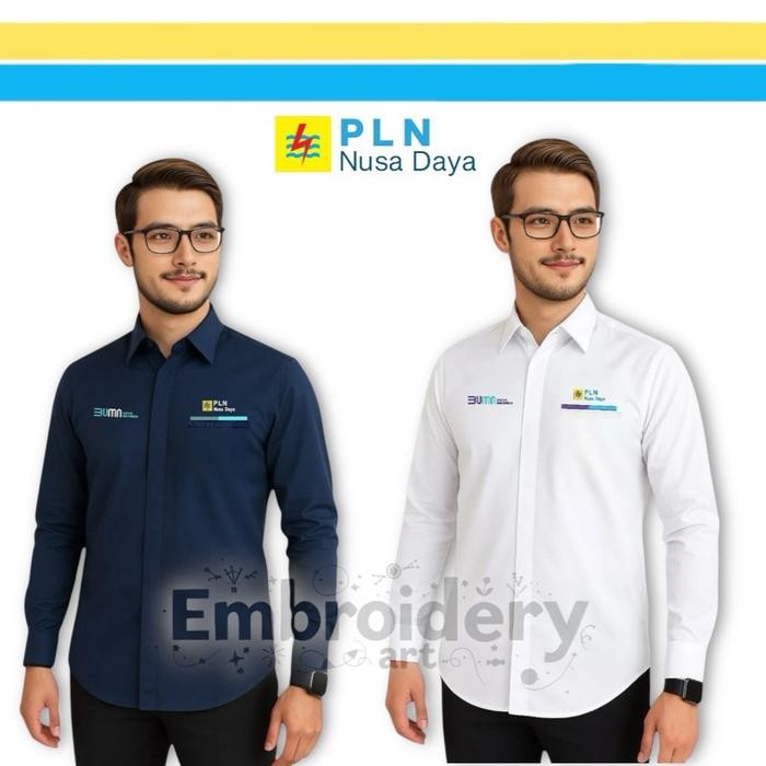 TERLARIS Kemeja Seragam PLN Nusa Daya Lengan Panjang , full bordir Pria - wanita Navy Putih Baju