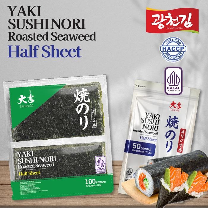 

Baru Daikichi Yaki Sushi Nori Half Sheet Roasted Seaweed - 50 & 100 Lembar