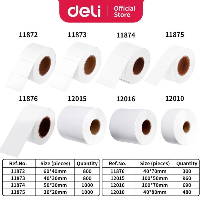 

KOIC Deli Label Thermal 5 Variasi Ukuran 300/800/1000 Pcs/Roll Putih 11875