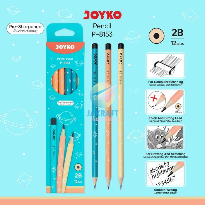 

New (12 Pcs) Pensil Tulis Kayu 2B JOYKO P-8153 Planet Rounded Pencil Serbaguna Murah Banget