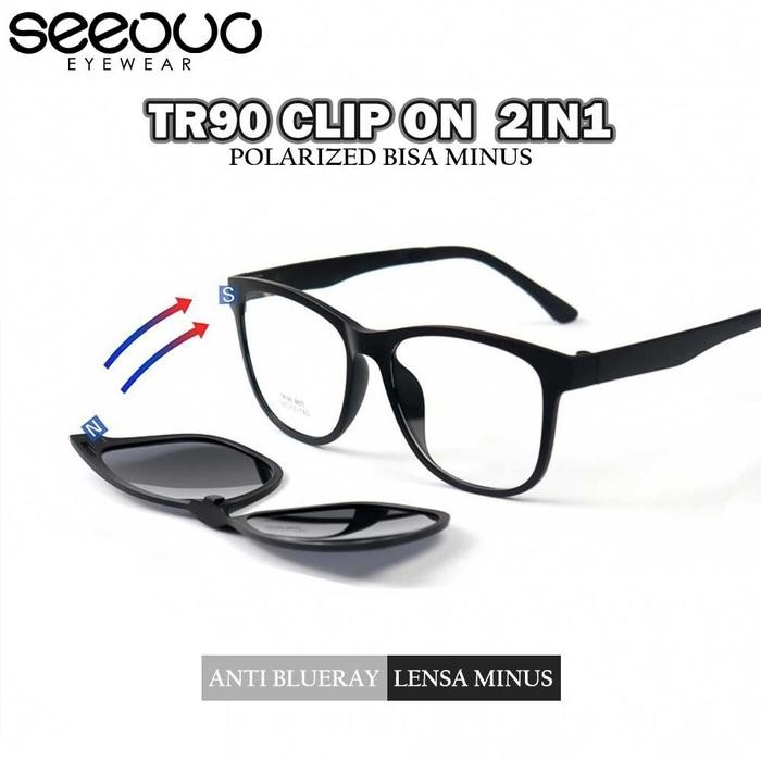 Seeouo Clip On Kacamata 2in1 Plano Lens Free Polarized Bisa Minus Antiradiasi Blueray Model Kotak