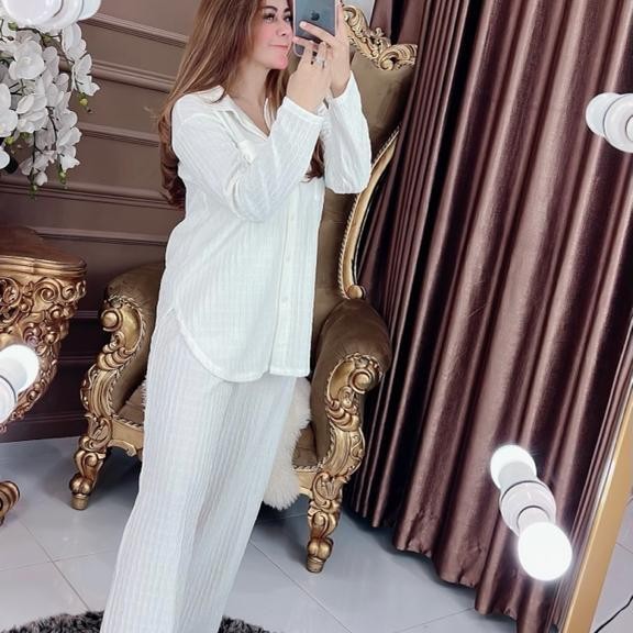 Oneset/ Setelan Atasan Kemeja Celana Cleo Series Polos Panjang (Rgb) Wanita