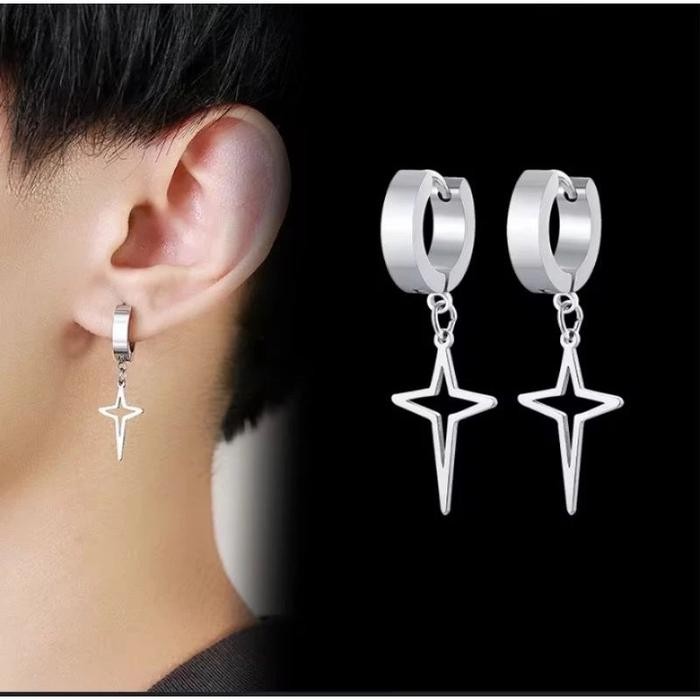 ANTING TINDIK KOTAK LIONTIN BINTANG PANJANG VIRAL KEKINIAN ANTING KEREN Earrings Titanium Silver