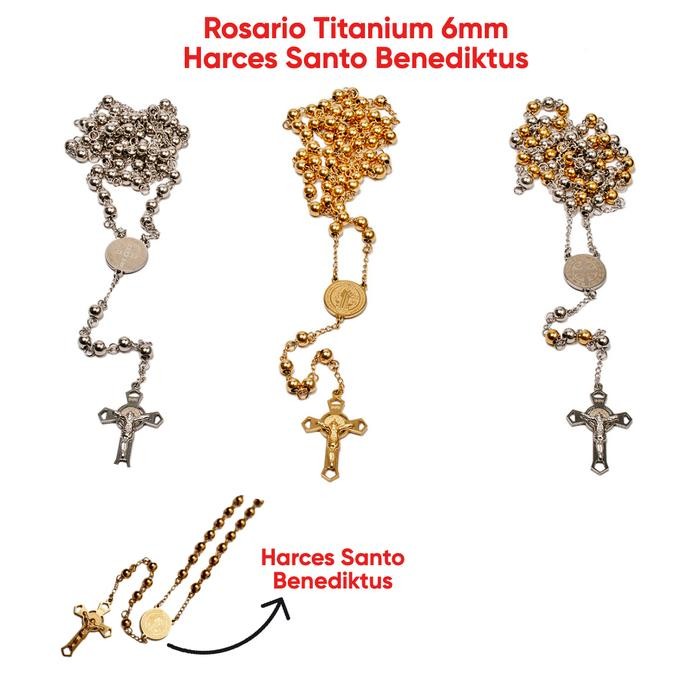 Rosario Titanium 6mm / Harces Santo Benediktus Kalung Titanium Rosario Kalung Salib Katolik Hadiah