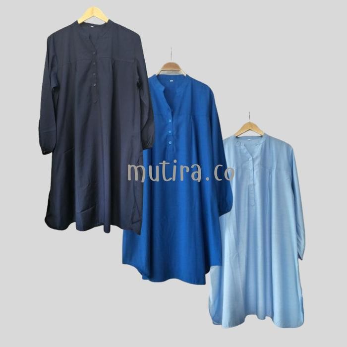 Tunik viscose polos atasan wanita jumbo kancing biru - navy - elektrik - jeans - kancing hidup