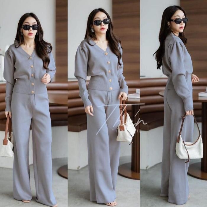 BMF2 - Setelan Knit Olive Oneset Rajut Fashion Wanita Pakaian Setcel Rajut Bahan Premium Celana