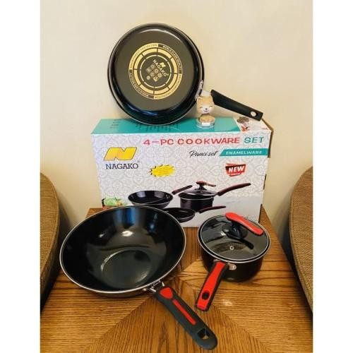 div panci set enamel 4 pcs NAGAKO - wok pan 32 - fry pan 26 - sauce pan