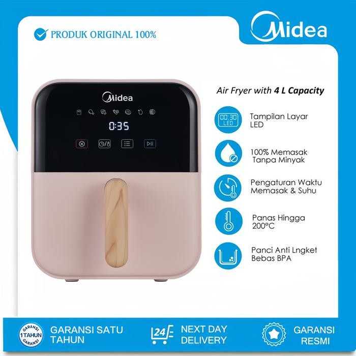 PREMIUM [TURUN HARGA] Midea AirFryer 4L Digital 650 Low Watt SNl-aesthetic -Gagang kayu-Pink -Wajan