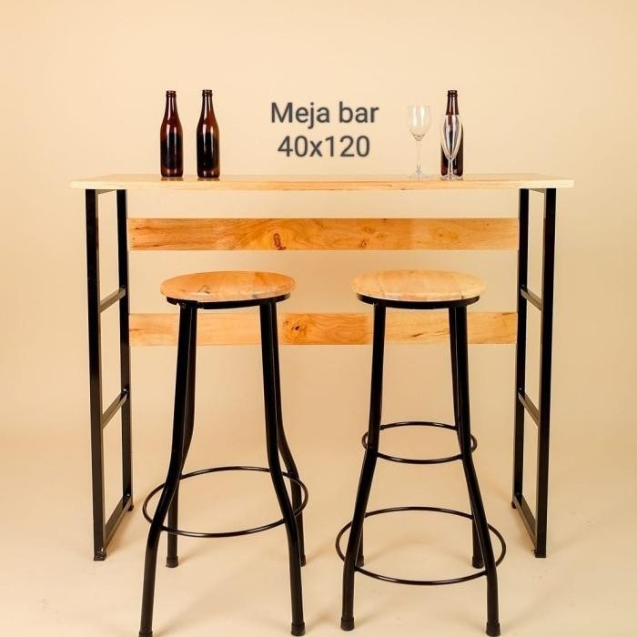 PREMIUM Meja Bar Kayu Kaki Besi Uk 120cm - Kursi Bar Cafe Kayu Minimalis Medan