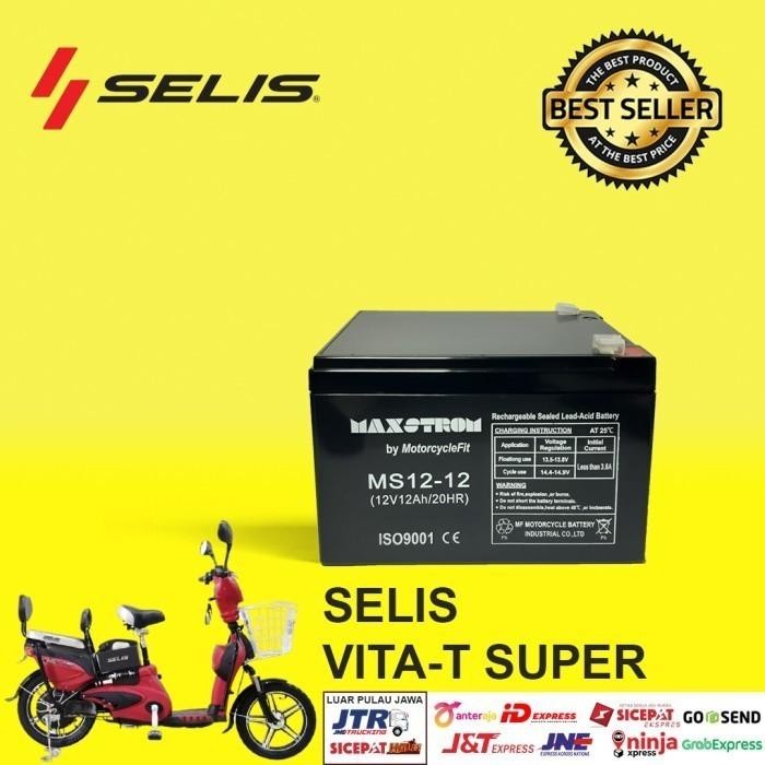 Terlaris Aki Sepeda Listrik SELIS VITA-T SUPER 12V 12Ah Aki VRLA MAXSTROM SALE