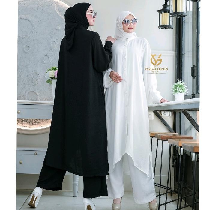 Faradisa Set Long Tunik Kulot Full Kancing Bungkus Aktif Crinkle Airflow/ Set Tunik Celana Umroh