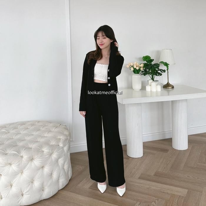Lookatmeofficial Set Casey Premium Knit (Cardi+Pants) / Setelan Wanita Crop dan Celana Kulot