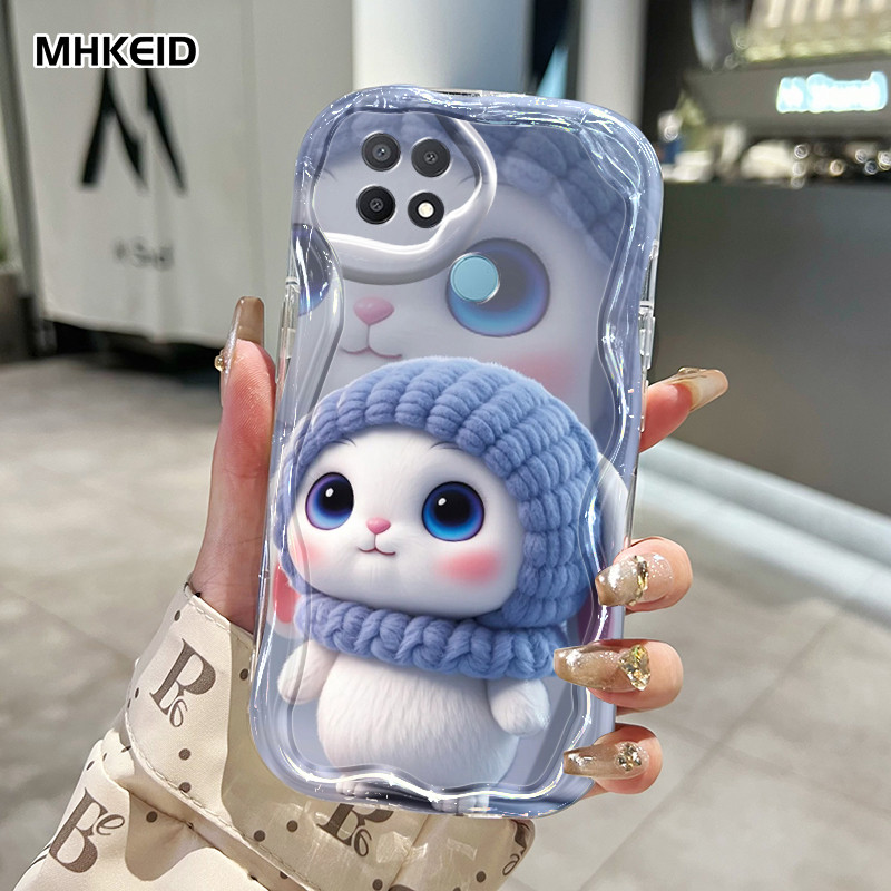 MHKEID Casing Hp Untuk OPPO A15 A15s A35 Case Casing HP Cesing pola Kelinci berbulu Kesing krim Kasi