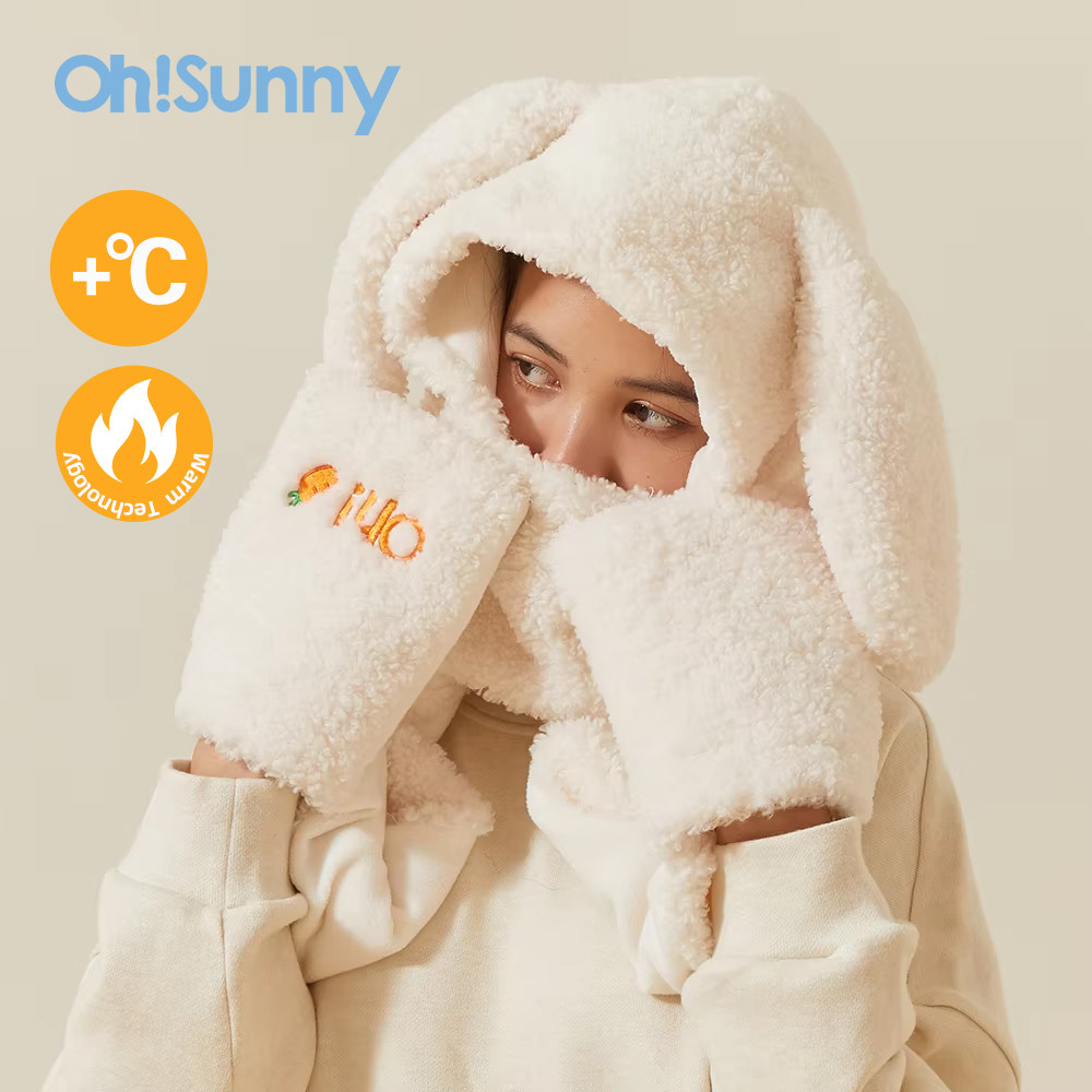 

OhSunny 3-in-1 Scarf Hat Gloves Autumn and Winter Cute Scarves Windproof Warm Plush Three-piece