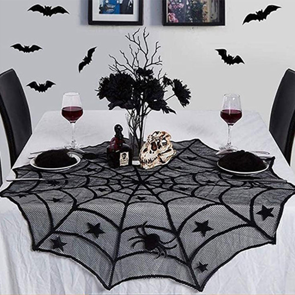 

Halloween Black Lace Spider Web Tablecloth Bat Skeleton Skull Table Runner Fireplace Mantel Scarf